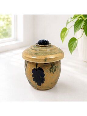 Handcrafted Ceramic Lidded Jar With Grape & Leaf Design 5" Tall Vintage Decor Ea